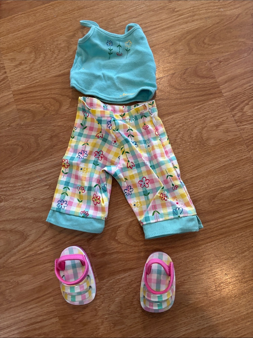 American Girl Aqua Tank Top Plaid Floral Capri Pants & Pink-Trim Sandals